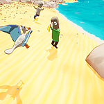 A colorful beach scene with cartoon characters and a seagull.