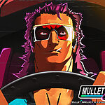 A muscular man with a mullet, driving a retro car.