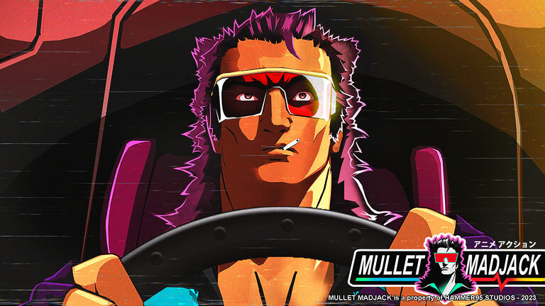 A muscular man with a mullet, driving a retro car.