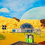 Vibrant alien landscape with futuristic dome, solar panels, equipment, and celestial bodies in the sky.