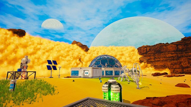 Vibrant alien landscape with futuristic dome, solar panels, equipment, and celestial bodies in the sky.